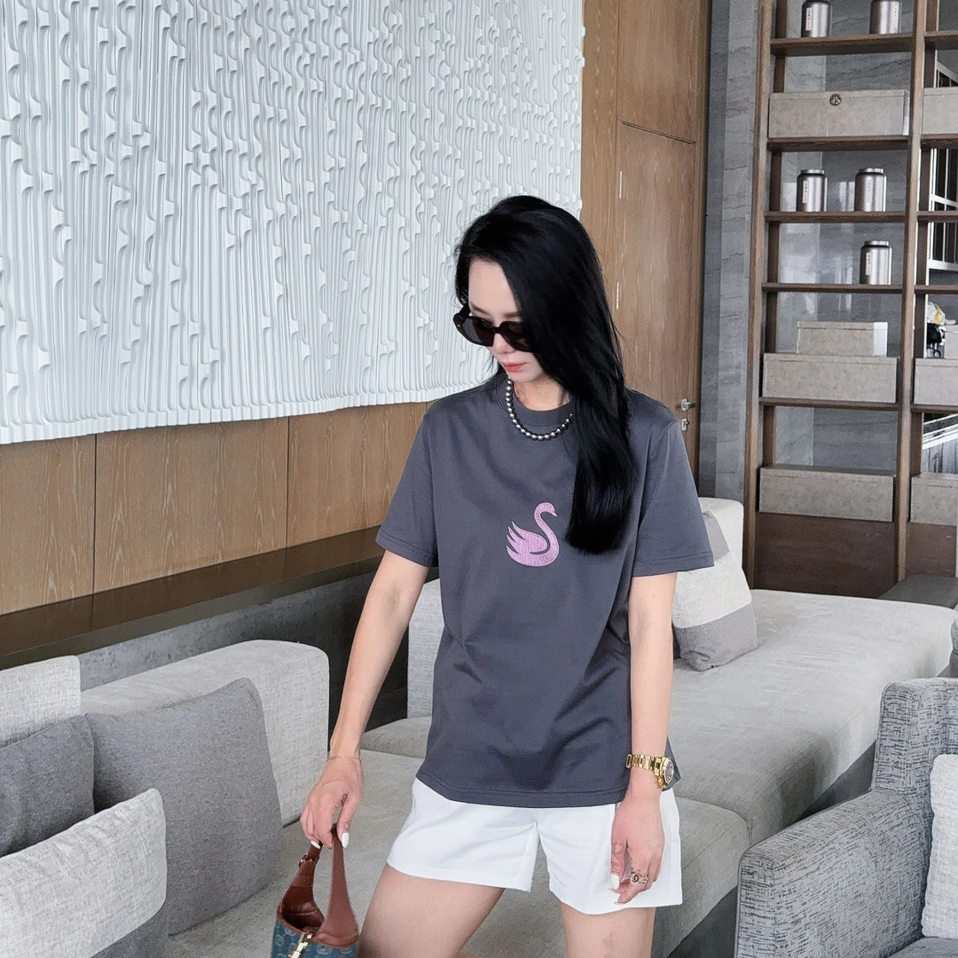 Chow&Fay -正肩 【天鹅】220g纯棉夏季时尚简约百搭刺绣女款短袖