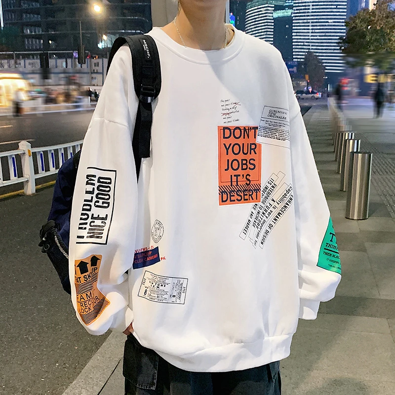 【小扬哥推荐】秋季季新款港风潮流圆领大码印花多标宽松休闲卫衣