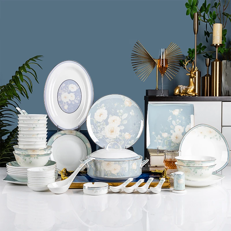 唐惠爱深秋50头骨瓷餐具套装轻奢高档家用简约陶瓷中式欧式金边