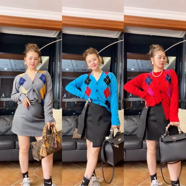 菱形格时尚百搭全羊毛针织开衫女神款上衣外套