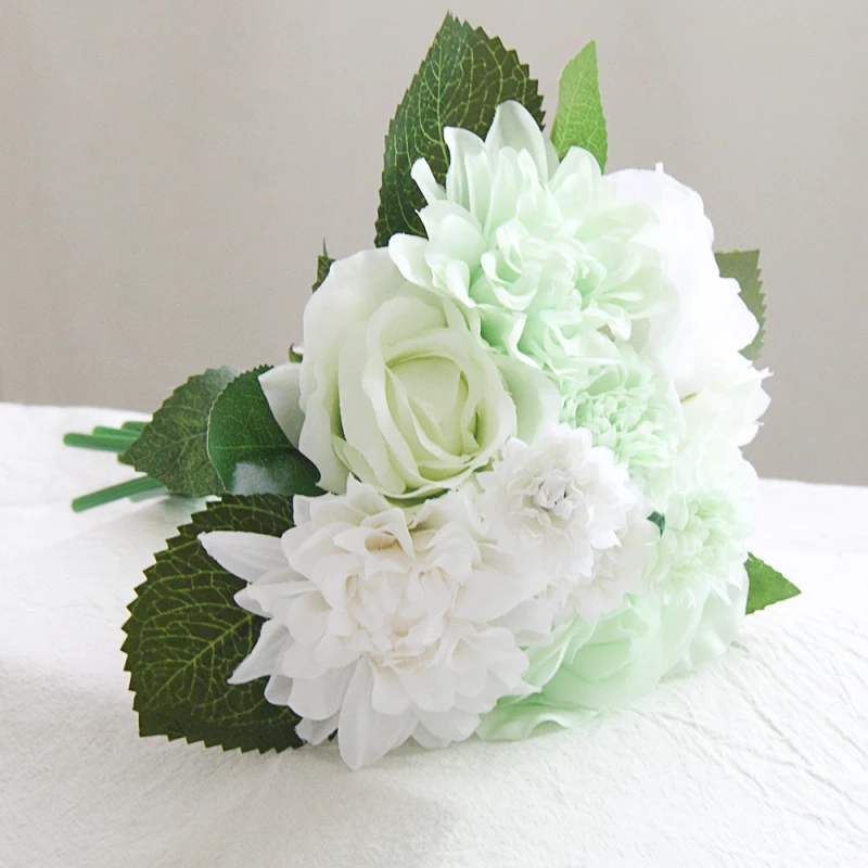 大丽玫瑰绿色仿真玫瑰花束卧室办公桌装饰摆件假花绢花插花小盆栽