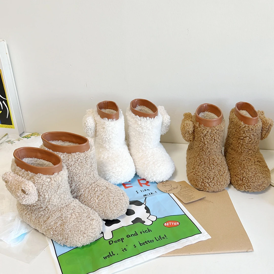 2408女童加绒加厚冬季新款女宝宝可爱卡通小熊毛毛靴保暖大棉鞋