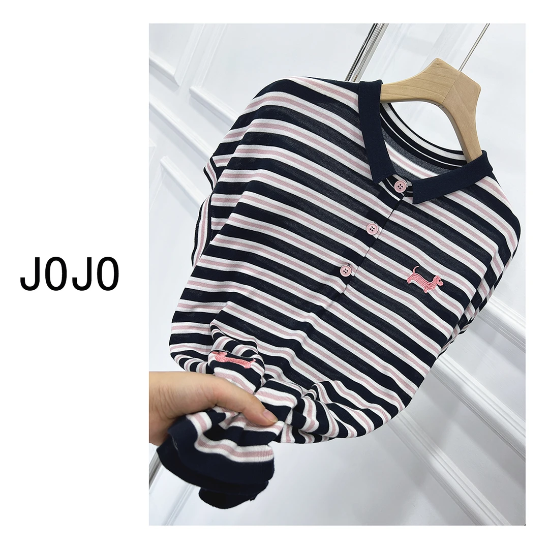 【JOJO】夏季女士小狗绣花条纹短款方领针织时尚百搭休闲设计感S33