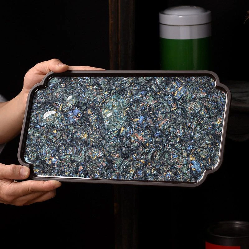 大漆电木螺钿长方形托盘家用干泡茶盘珐琅彩隔热垫漆器轻奢茶台