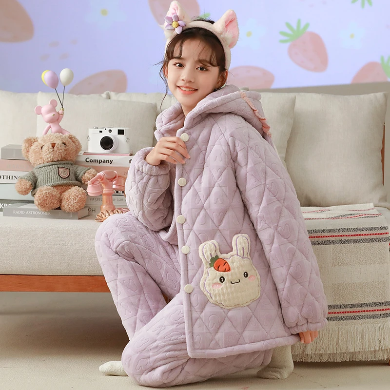 508#三层夹棉睡衣女童冬加厚中大童法兰绒可外穿珊瑚绒家居服套装