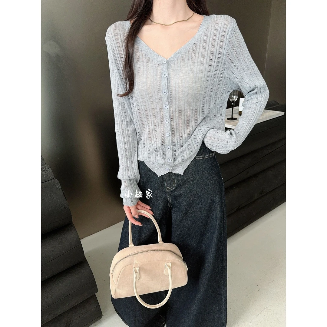 2024新款时尚气质薄款V领女套头1585长袖开衫-唯然