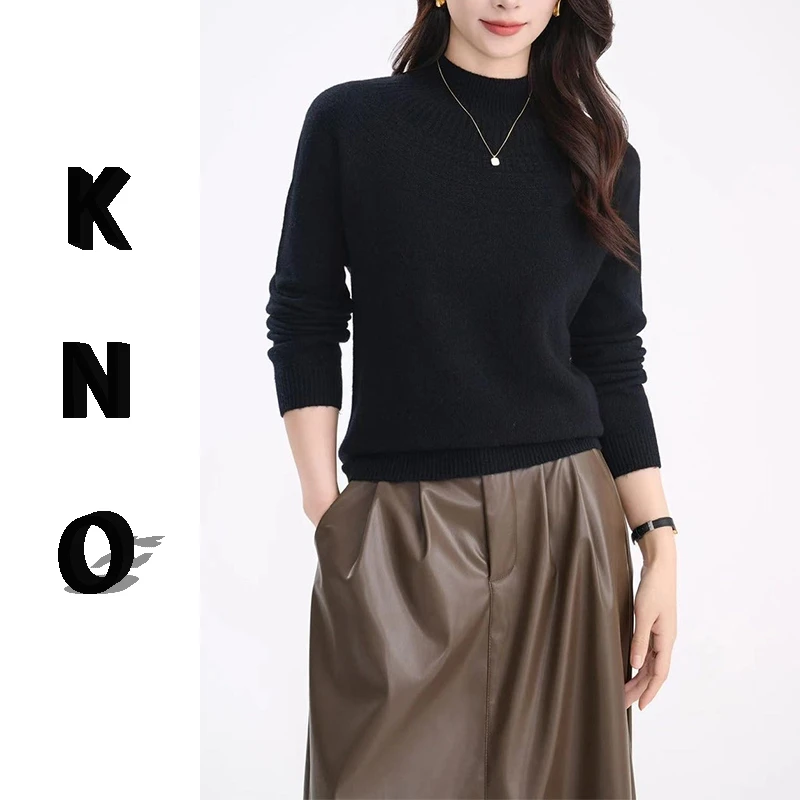 【KNO】1CZ秋冬新款纯色圆领钩花套头针织衫