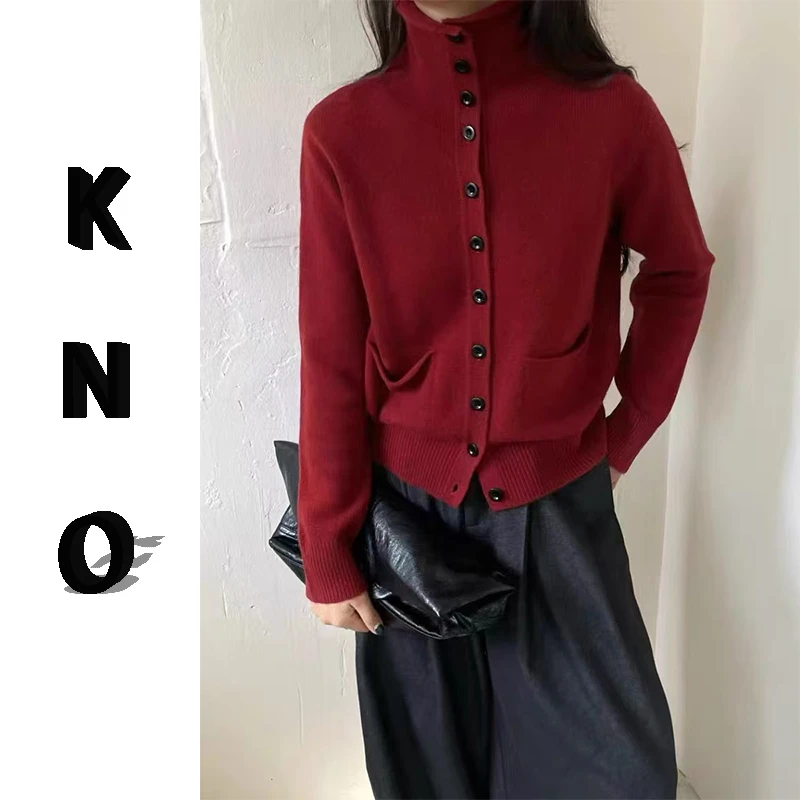 【KNO】冬季新款三色单排扣双口袋纯色针织开衫