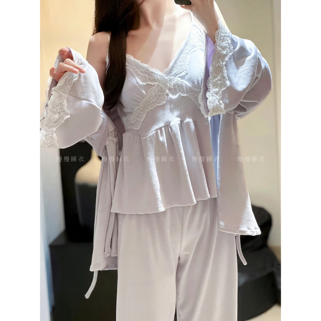 「软糯芋泥」双面海岛绒秋冬睡衣蕾丝甜美宽松纯欲风厚款睡衣女套装