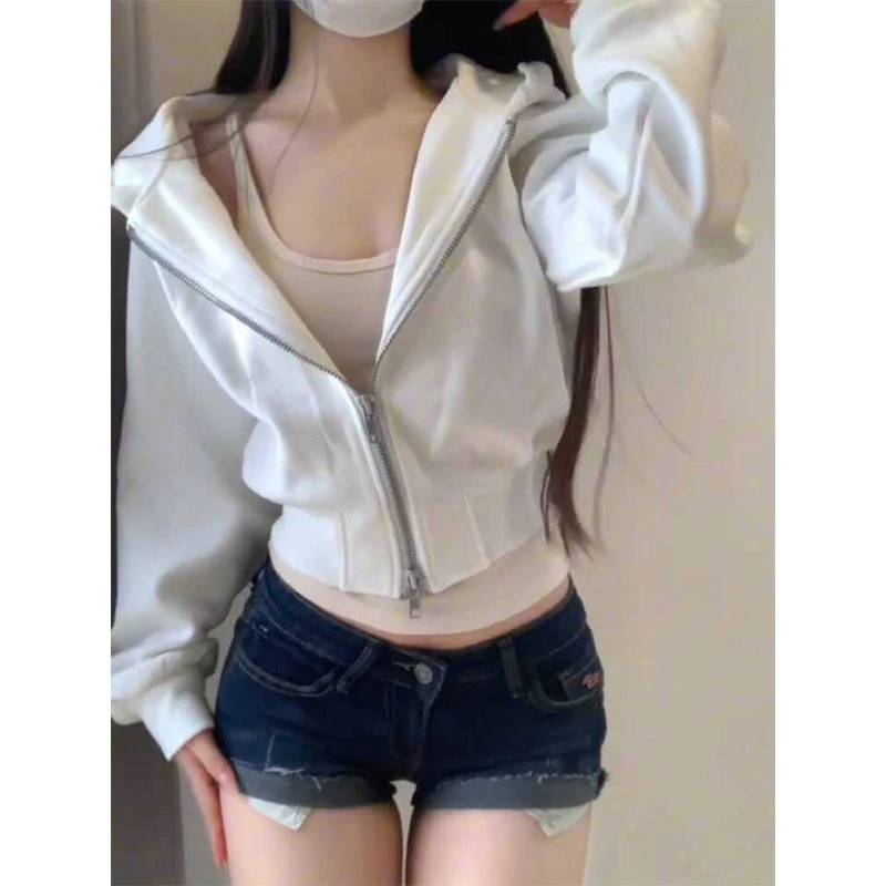 美式辣妹慵懒短款连帽卫衣女春秋冬设计感双拉链宽松开衫外套上衣