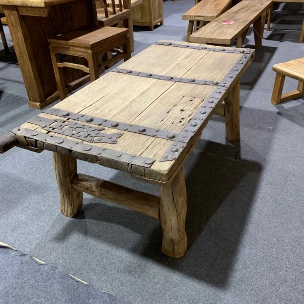 老榆木铁艺门板茶桌矮桌中式客厅家用阳台原木色