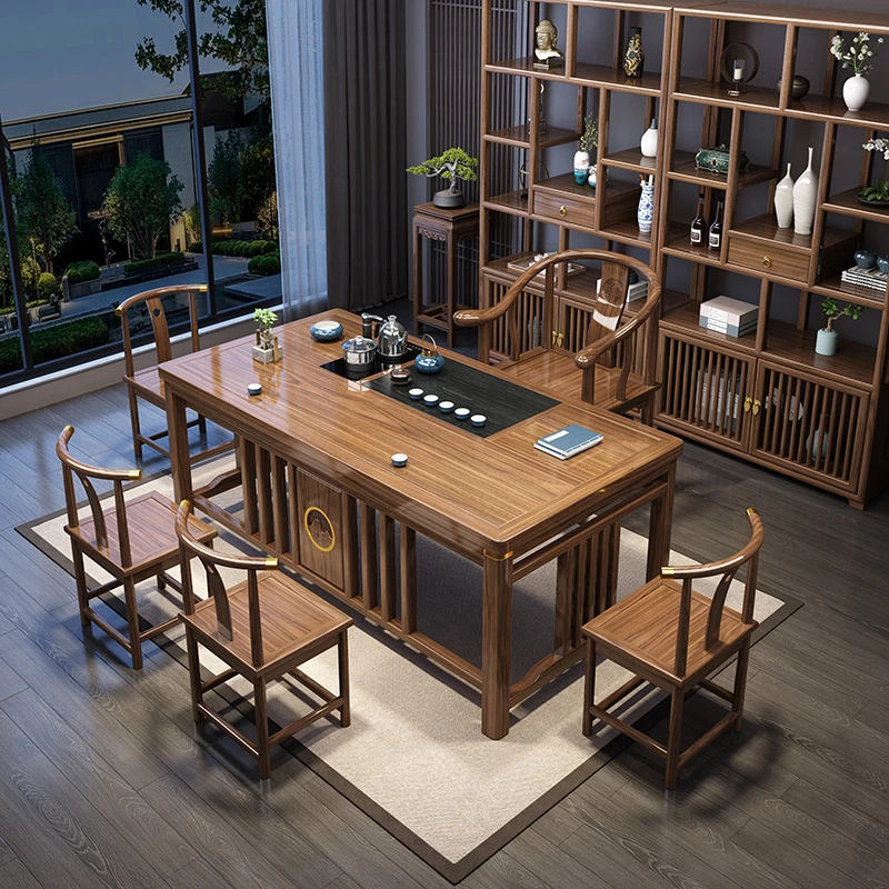 大月月实木茶桌茶几办公室喝茶一体办公中式家用办公室阳台茶桌椅