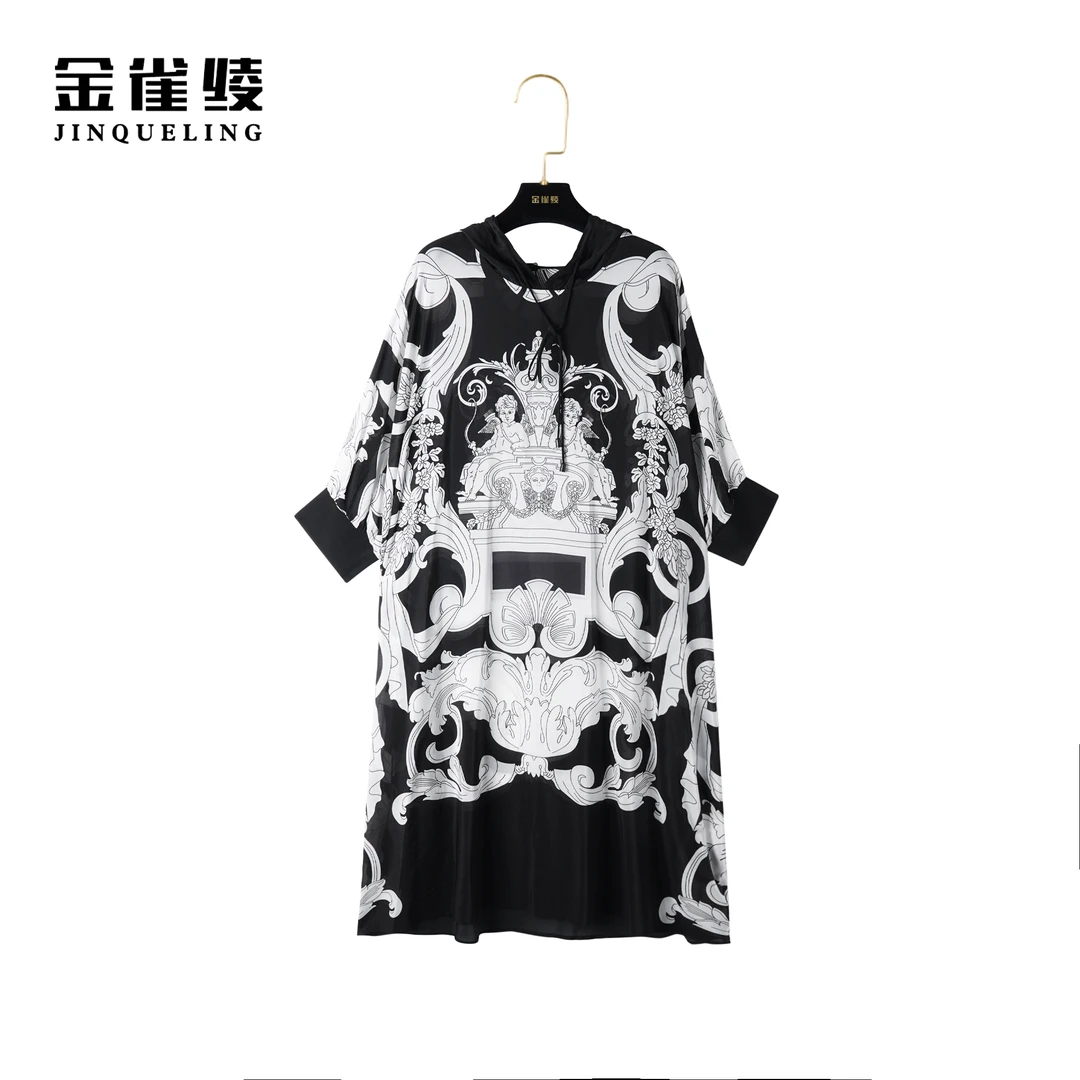 金雀绫【缪斯女神】桑蚕丝设计师连帽款时尚街头宽松连衣裙AL6005