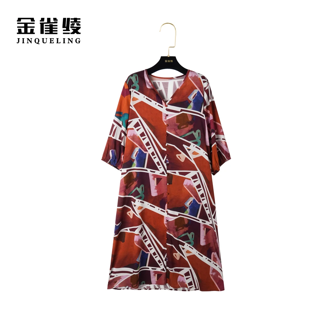 金雀绫【红茶玛奇朵】桑蚕丝休闲气质时尚原创设计宽松连衣裙AL6030