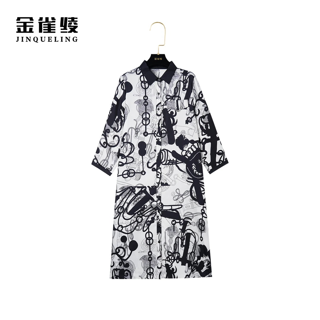 金雀绫【凡尔赛】桑蚕丝新款北欧印花宽松衬衫领女装连衣裙B23081
