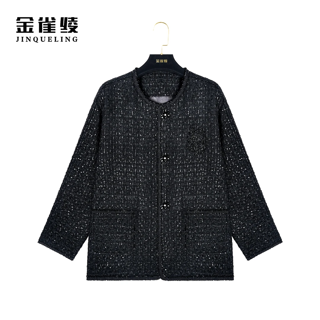 金雀绫【黑金山茶花】秋冬新款设计师轻奢小香风外套BT7013