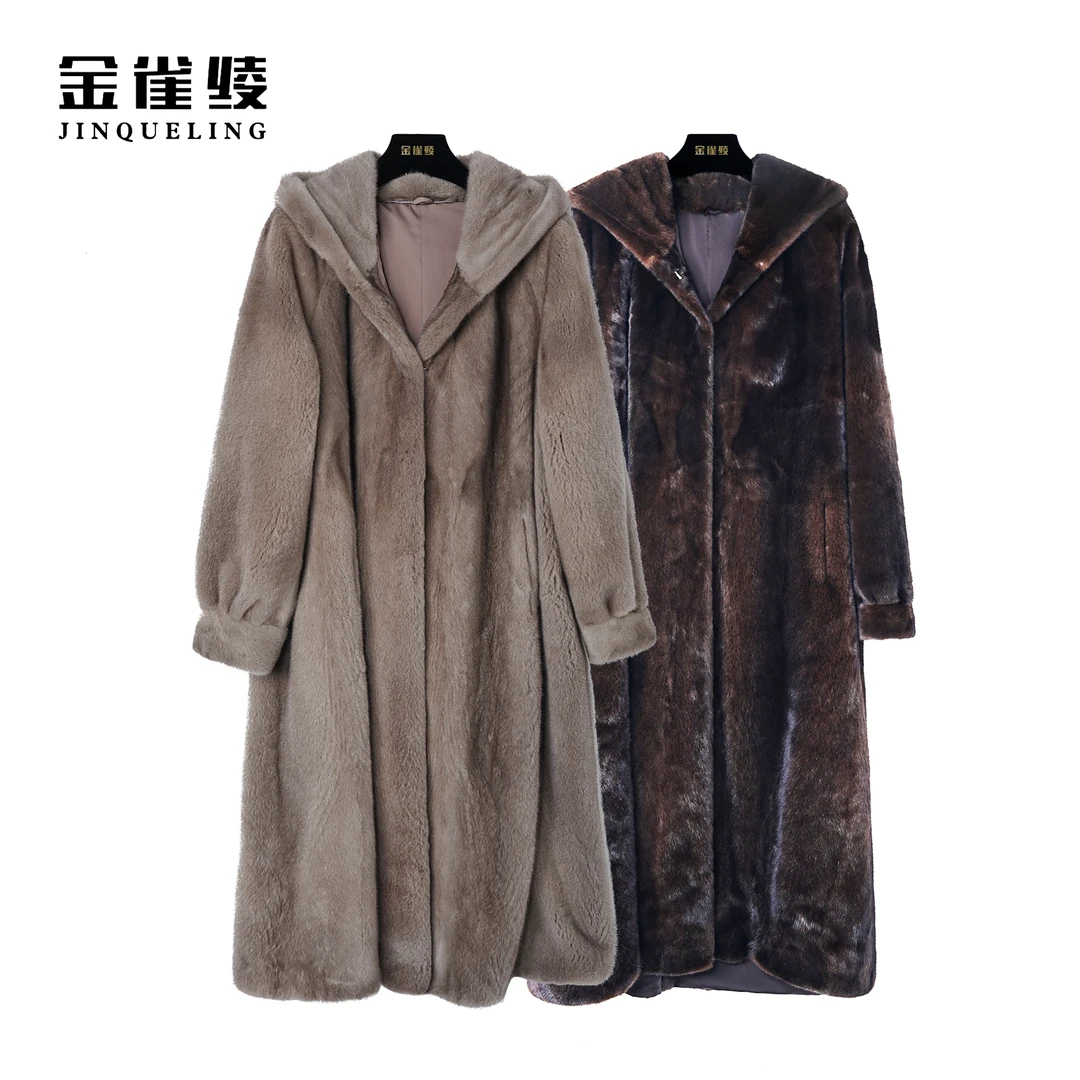 金雀绫【皇家巴洛克】法式连帽贵气连帽水貂皮草长款外套SZK4POWN42