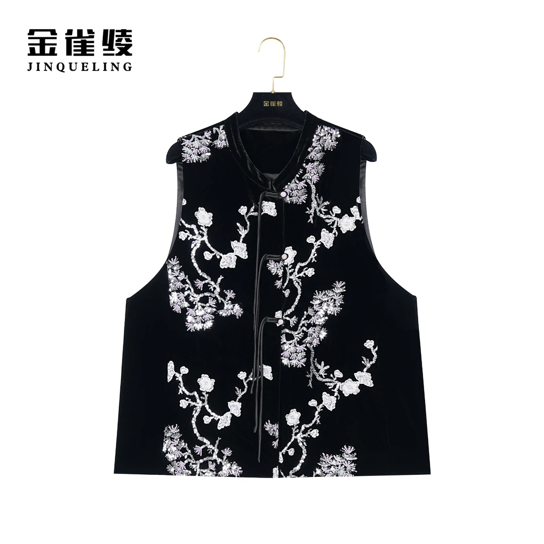 金雀绫【梅花三弄】100桑蚕丝新中式重工艺刺绣马夹BT7005