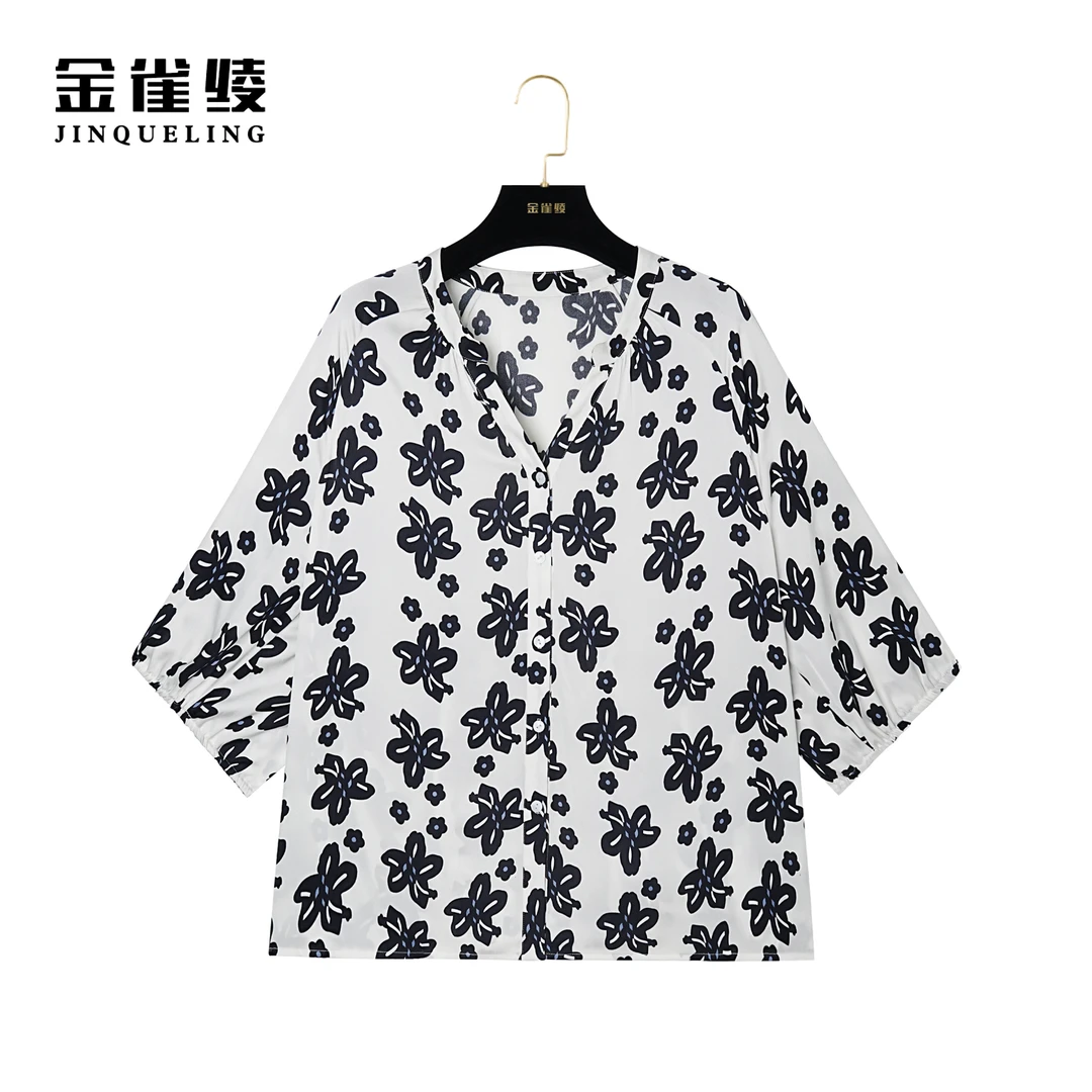 金雀绫【繁花点点】桑蚕丝真丝设计款薄款印花夏季休闲小衫AS6179