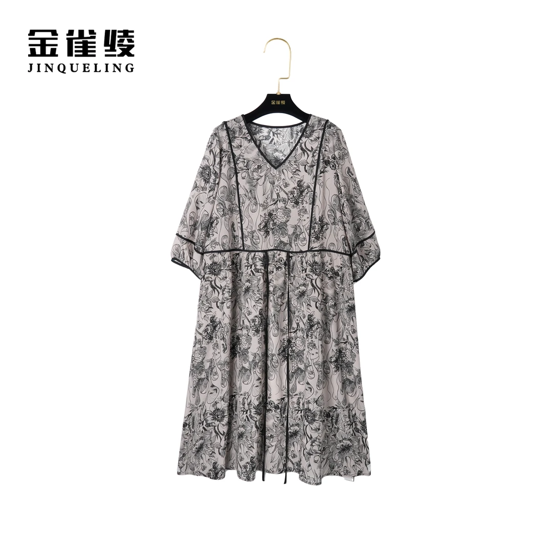 金雀绫【绘浮生】100桑蚕丝碎花轻奢休闲气质女装连衣裙AL6011