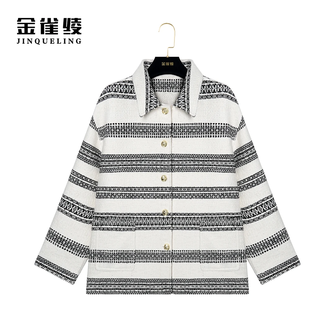 金雀绫【凯旋门】秋冬新款时尚条纹翻领外套BT7023