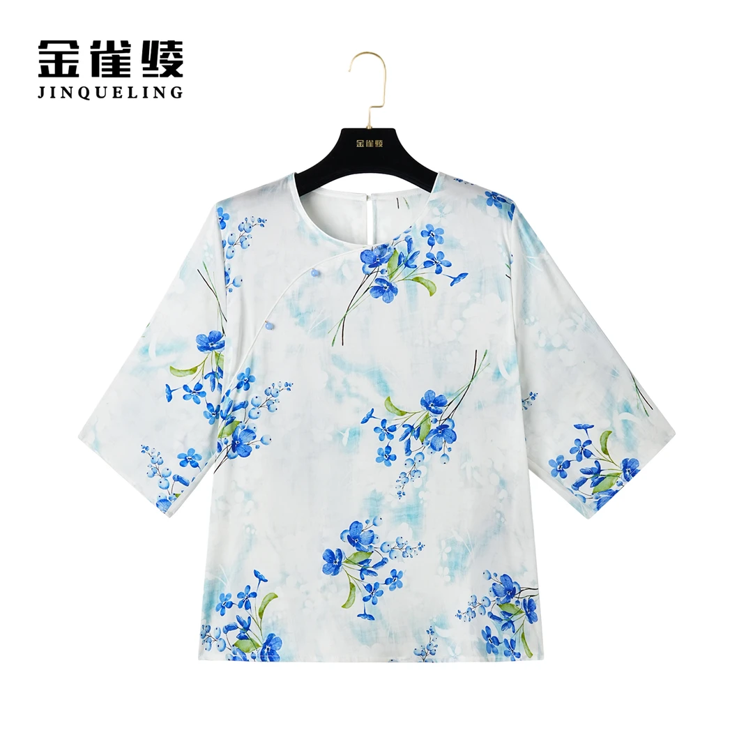 金雀绫【小兰花】桑蚕丝真丝新中式设计师款印花小衫AS6088