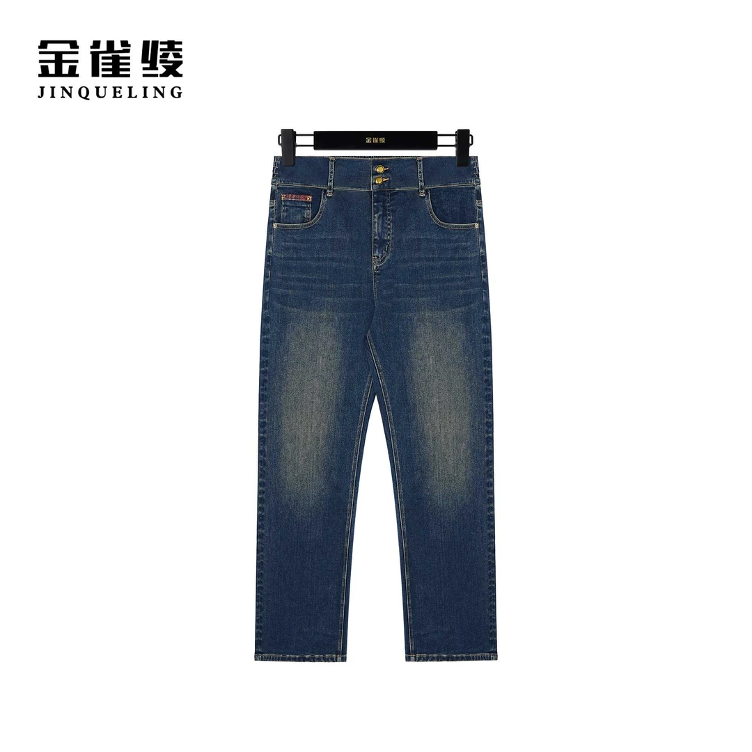 金雀绫【暖冬来信】简约时尚水洗工艺冬长款加绒牛仔裤KLK79