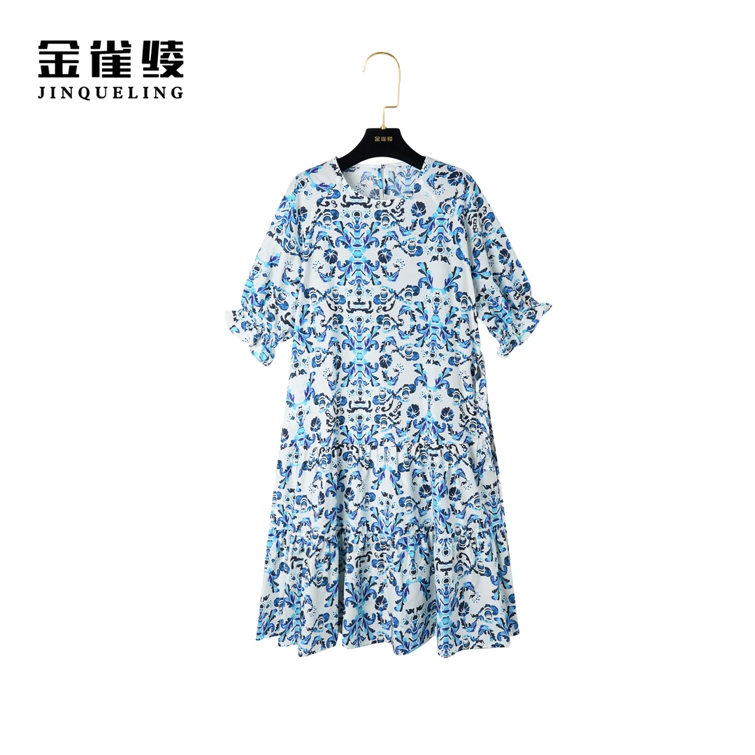 金雀绫【青花引】春夏新款碎花气质轻奢优雅女装连衣裙AL6068