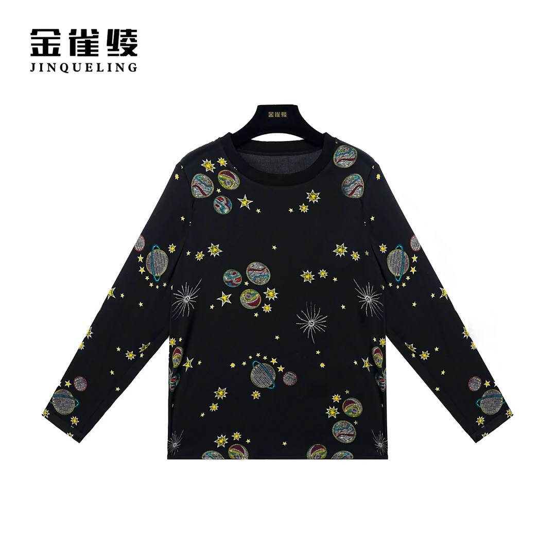 金雀绫【宇宙星球】桑蚕丝圆领时尚印花显瘦衬衫SZ4S15