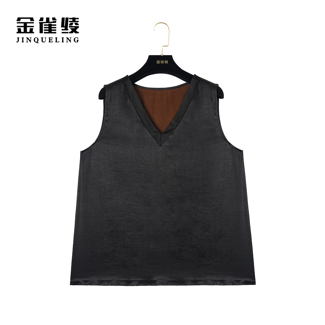金雀绫【香云纱·风】桑蚕丝香云纱休闲无袖V领纯色女装背心AS6158