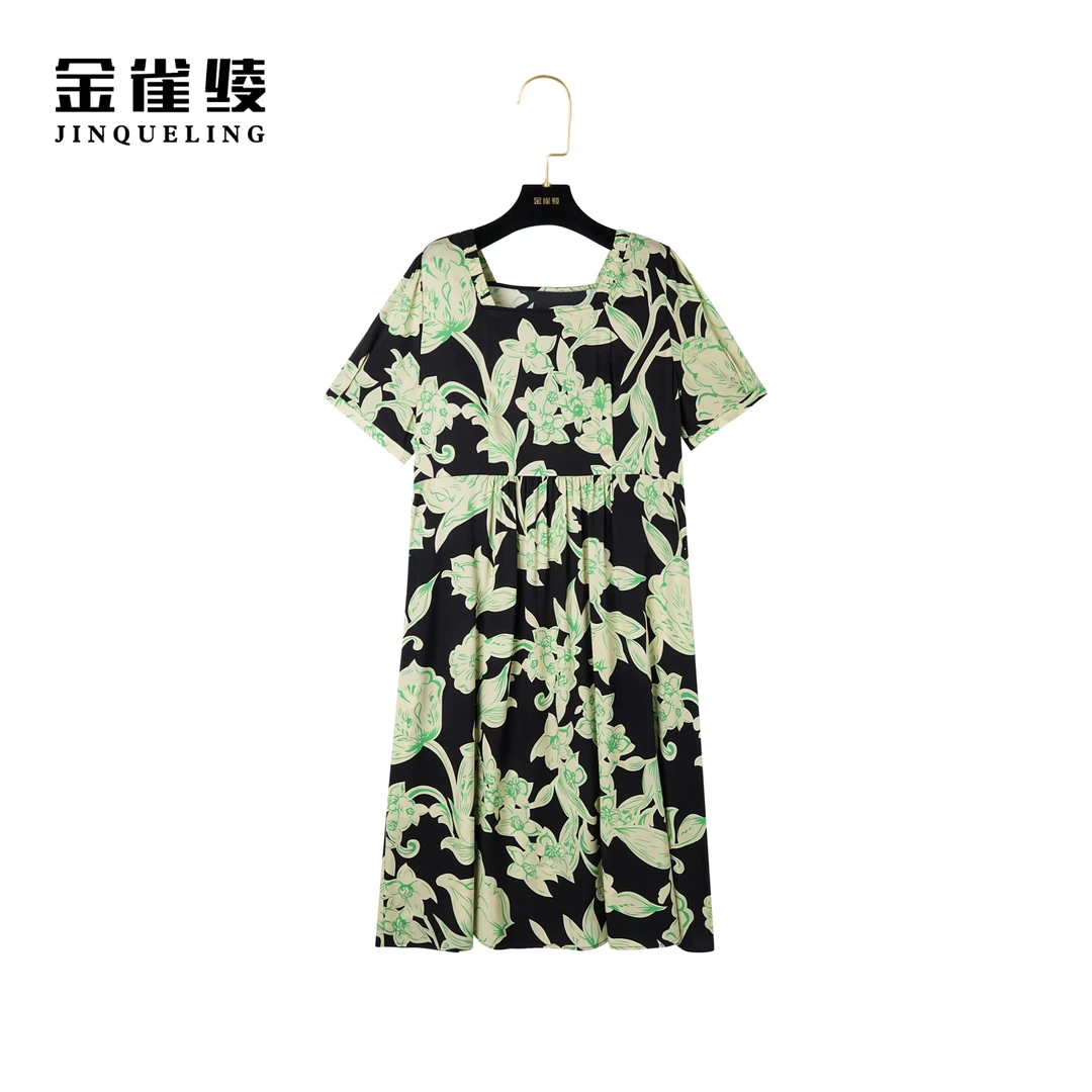 金雀绫【公爵夫人】真丝桑蚕丝法式轻奢方领显瘦气质连衣裙B23038