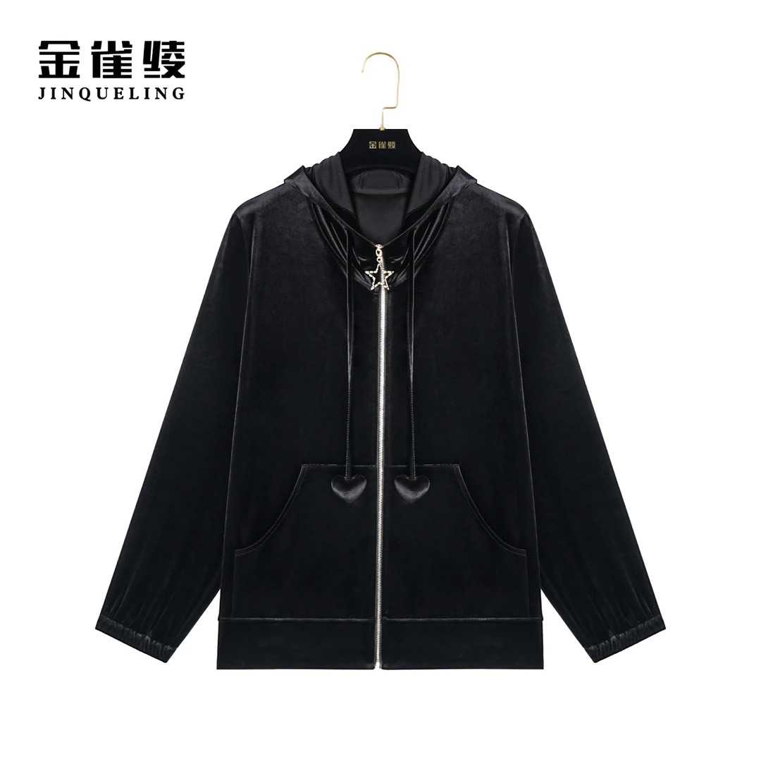 金雀绫【心跳乐园】新款弹力醋酸休闲连帽上衣女外套BT7003