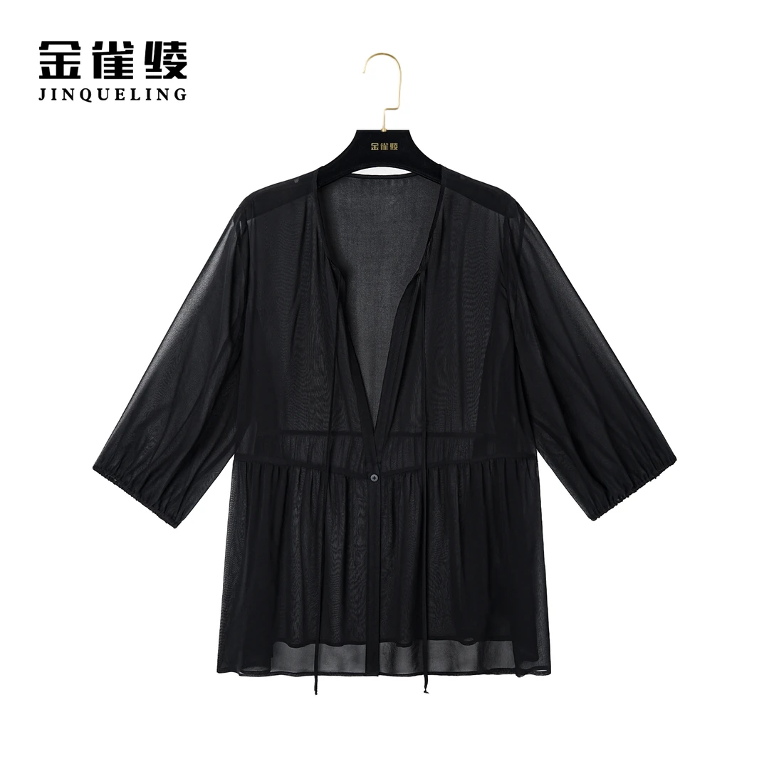 金雀绫【松烟如梦】100桑蚕丝夏季短款时尚显瘦小衫AT6153