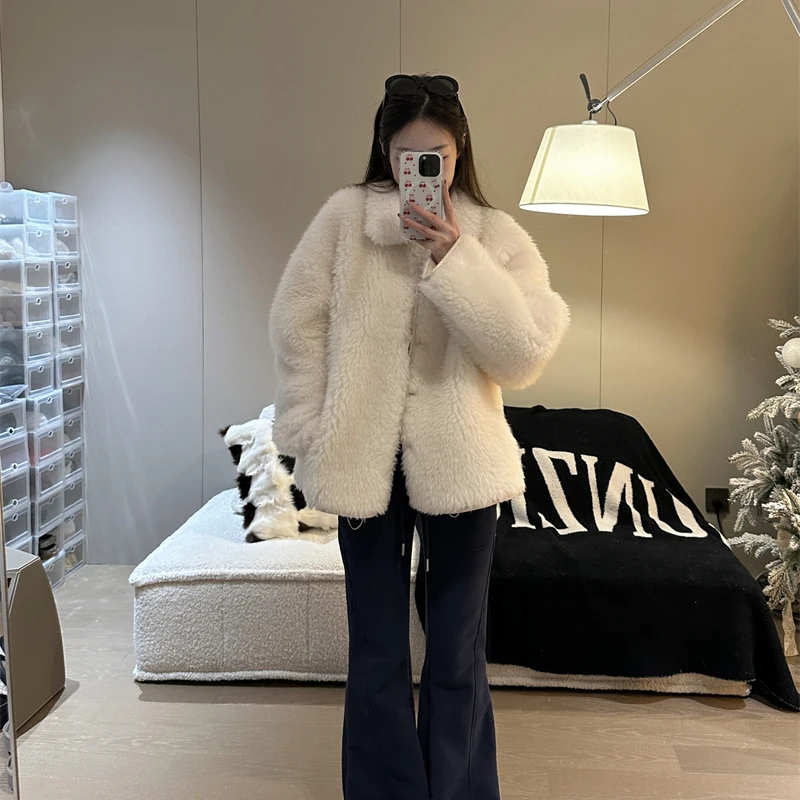 OPENING自制 翻领羊毛纯色休闲皮草加厚外套