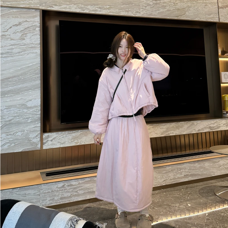 秋冬新款纯色拉链口袋宽松休闲棉服外套+半身裙套装