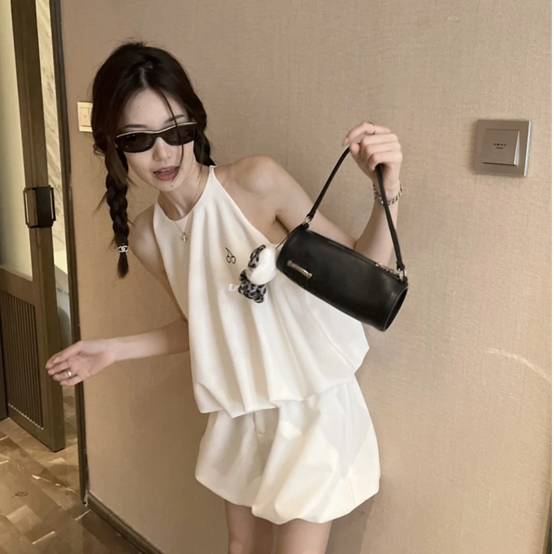 【OPENING自制】甜酷女孩~小樱桃烫钻无袖背心灯笼短裤套组