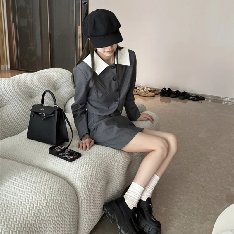 【OPENING自制】miu系女孩双层领西装外套+高腰短裙套装