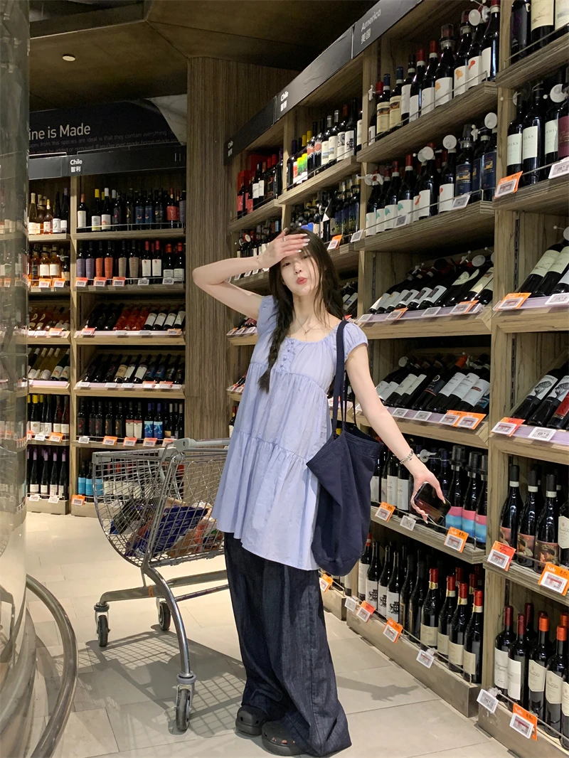 【OPENING自制】甜妹蓝色泡泡袖宽松连衣裙