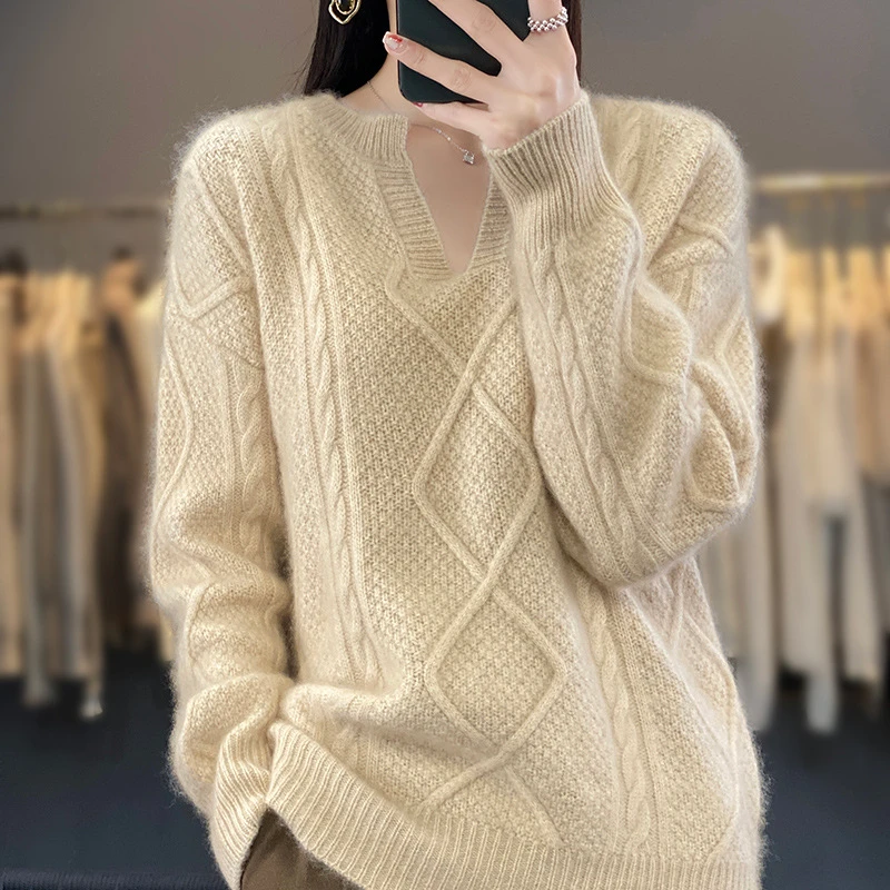 V领毛衣女麻花毛衣韩版打底针织衫加厚上衣慵懒风宽松复古百搭