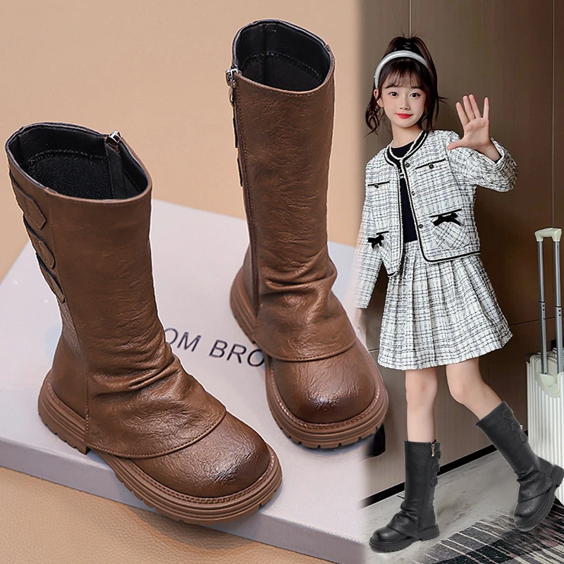 长靴高筒靴单里时尚2024公主棕色长靴子黑色马丁靴女童鞋tph-8088