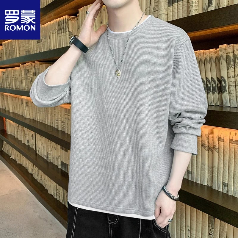 罗蒙卫衣男士春秋潮流百搭华夫格上衣服假两件圆领休闲长袖t恤男