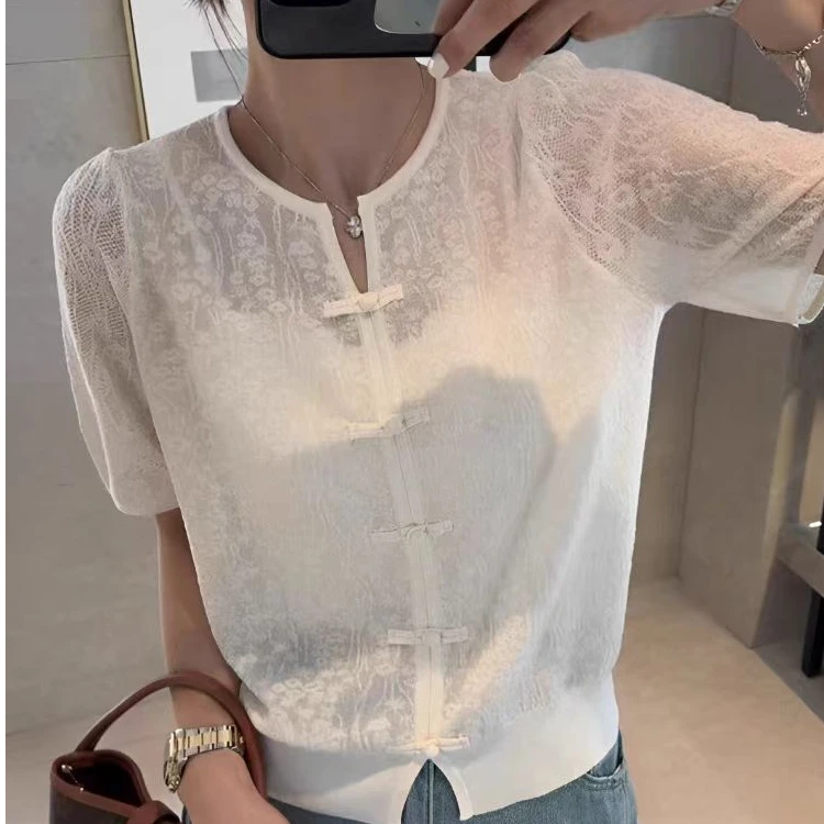 【新中式】夏季新中式复古盘花国潮风针织衫女上衣