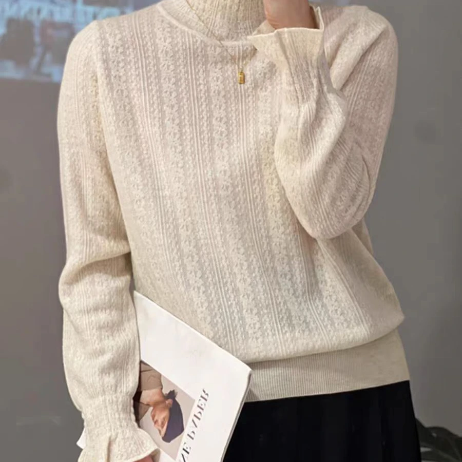 【木耳边-蕾丝打底】秋冬款精致时尚蕾丝竖条针织打底衫