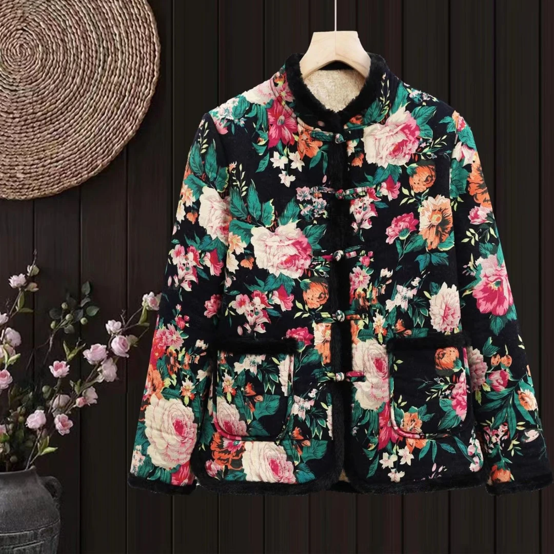 2024新款东北大花袄棉袄春季加绒棉服保暖外套加厚复古盘口棉衣女