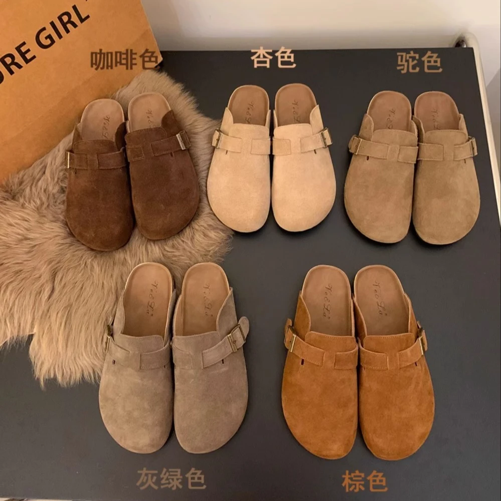 牛皮版！厚底勃肯鞋包头半拖鞋百搭乐福鞋秋冬一脚蹬单鞋软底女鞋