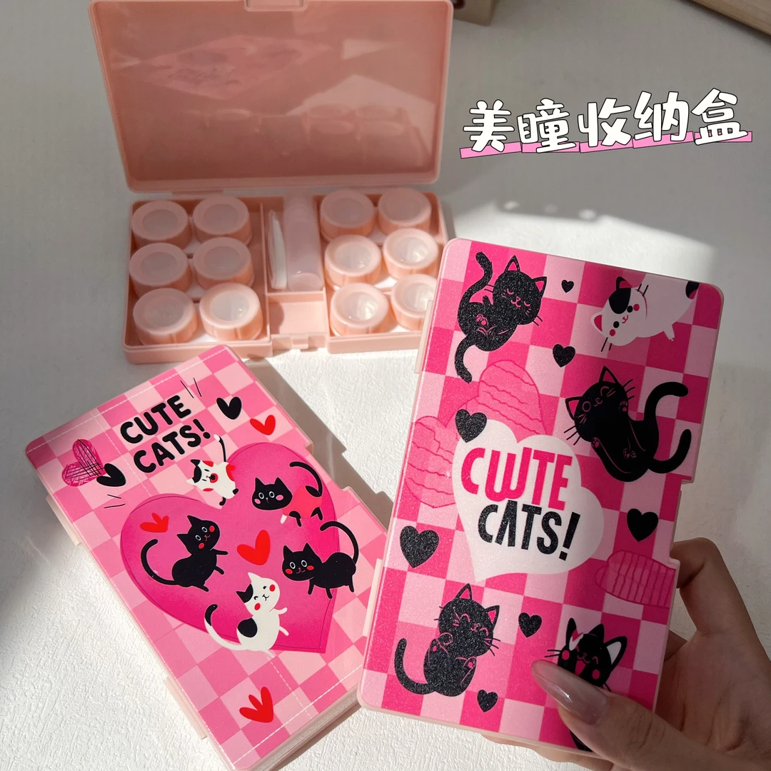 新品隐形眼镜伴侣盒可爱学生猫咪美瞳收纳盒六副装便携小巧粉色