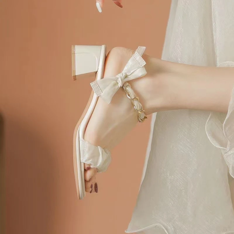 气质高跟凉鞋女外穿夏季2024年新款蝴蝶结一字带法式凉鞋女配裙子