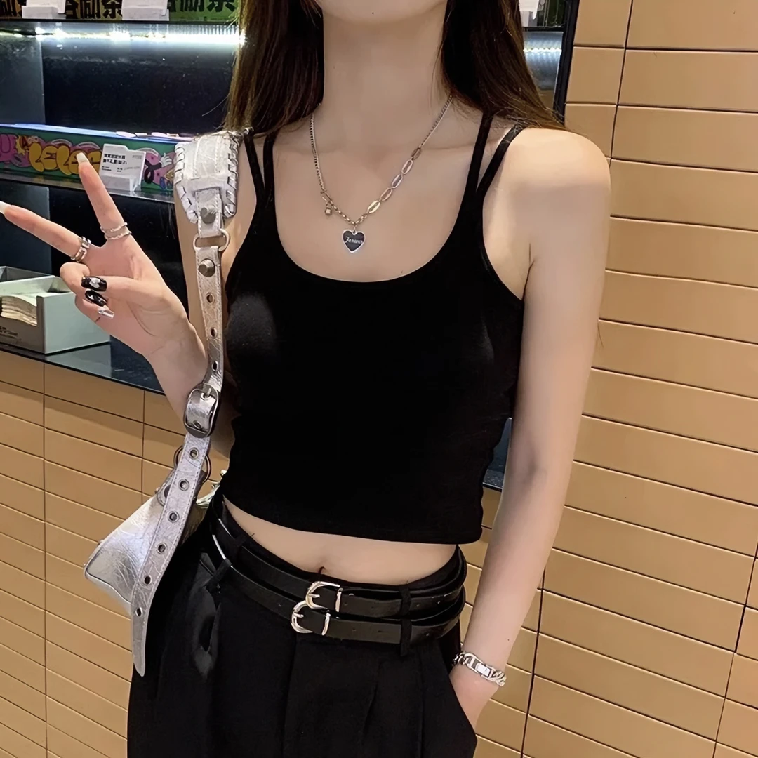 吊带小背心女带胸垫一体固定杯夏季薄款无痕纯色短款美背打底上衣