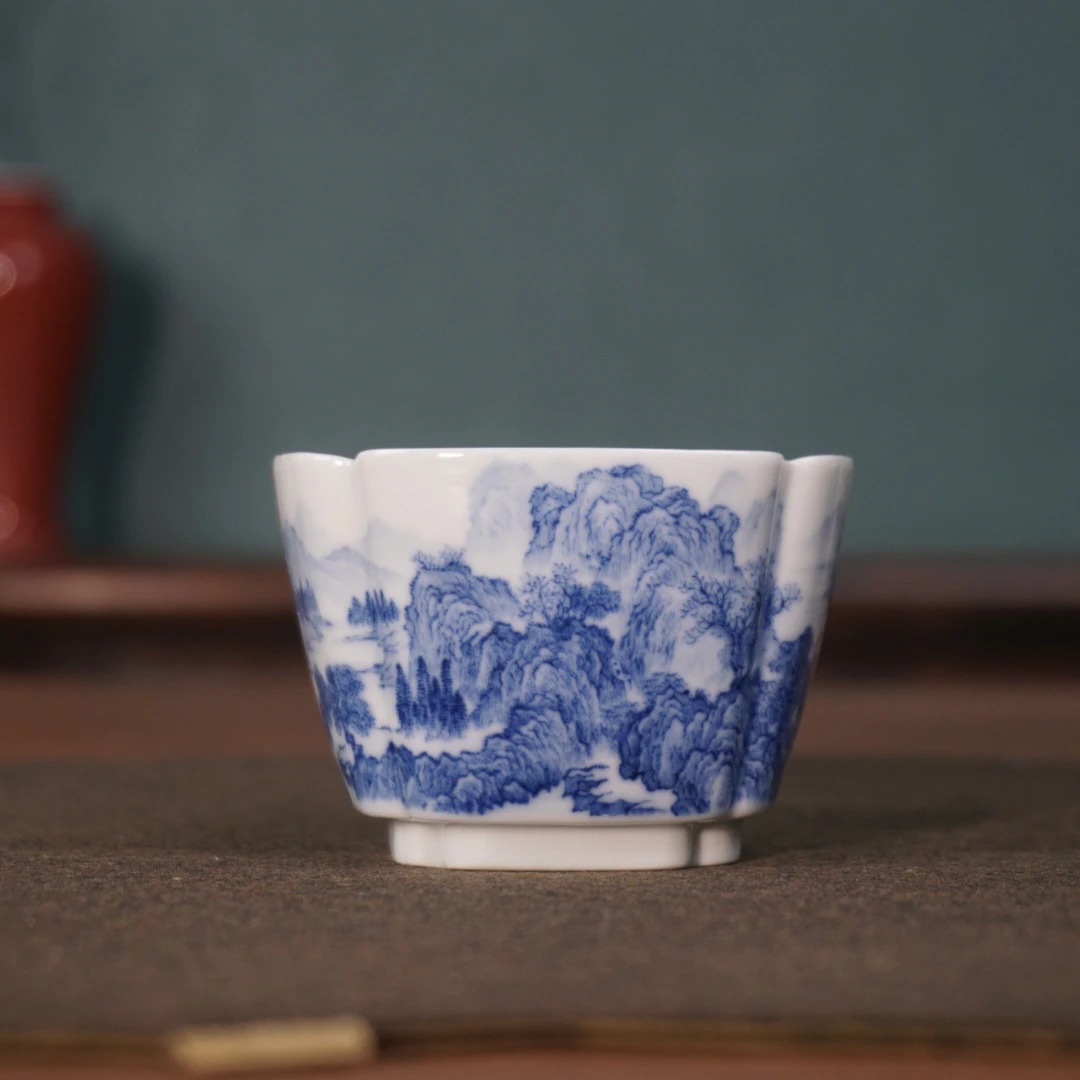 秋山草堂缠枝陶瓷可乐杯山水四方杯手工手绘文人风主人杯100ml