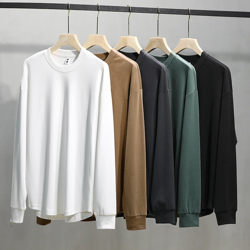 春秋季重磅长袖T恤男士宽松春秋百搭流行圆领潮流打底衫纯棉t恤